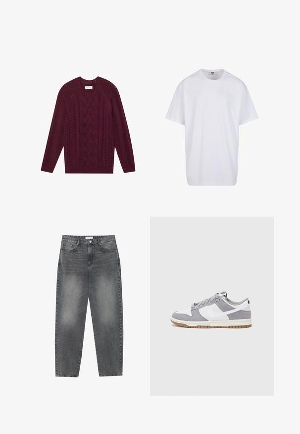 Suéter de punto burdeos con diseño de trenzas texturizadas, cuello redondo acanalado y mangas largas, hecho de un hilo suave y grueso.; Camiseta blanca de algodón con mangas cortas, cuello redondo, corte relajado y sin logotipos ni patrones visibles. Textura suave y diseño minimalista.; Jeans de cintura alta y corte holgado en denim negro desgastado. Con cinco bolsillos, pasadores para el cinturón y un diseño de pierna recta y limpia.; Las zapatillas Nike presentan una parte superior de ante gris y cuero blanco con perforaciones, cordones redondos y una suela de goma para tracción.