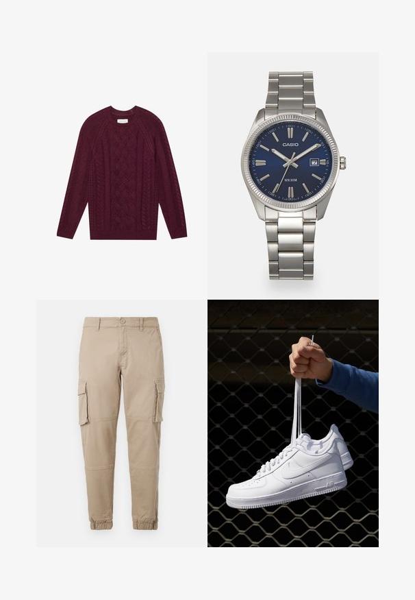 Maglione lavorato a maglia bordeaux con un design a treccia testurizzato, collo girocollo a coste e maniche lunghe, realizzato in filato morbido e spesso.; Pantaloni cargo beige in un leggero cotone. Presentano polsini elasticizzati, molteplici tasche laterali e una chiusura con bottone.; Sneakers in pelle bianca con perforazioni, punta rotonda, suola piatta e lacci spessi, con logo swoosh visibile e "AIR" sul tallone.; Orologio da polso in acciaio inossidabile argento con quadrante blu navy, indici metallici e finestra della data alle 3. Resistente all'acqua fino a 50 metri.