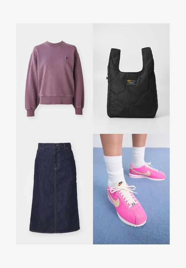 Paarse crewneck sweatshirt met ribgebreide boorden en onderkant, met een klein vierkant Carhartt logo patch op de linkerborst.; Donkere spijkerrok met een hoge taille, recht gesneden, voorzakken en gestikte naden. Voorzien van een rits en knoopsluiting op de taille.; Roze Nike sneakers met een bovenwerk van suede en stof, witte veters en een gouden swoosh-logo; witte rubberen zool; gedragen met witte geribbelde sokken.; Zwarte gewatteerde tote bag met een grote opening, gebogen vormen op het oppervlak en een label met gele en witte tekst aan de voorkant.; Zilveren creolen met een gedraaide ontwerp, voorzien van een gepolijste afwerking en een post-back sluiting. Meet ongeveer 3 cm in diameter.