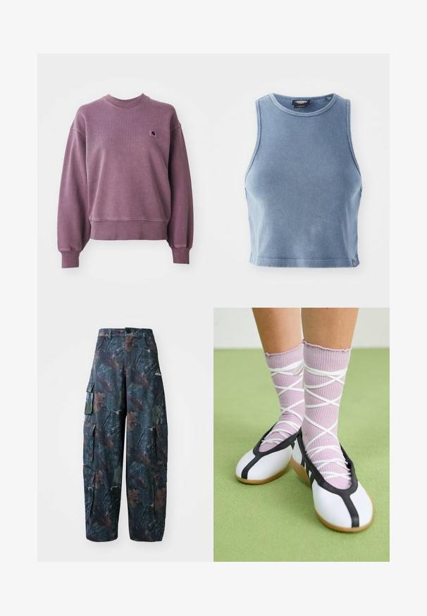 Sweatshirt de culoare mov, cu guler rotund și manșete și tiv cu nervuri, având un mic patch cu logo-ul Carhartt în formă de pătrat pe partea stângă a pieptului.; Top scurt cu dungi, de culoare albastru deschis, cu guler rotund și fără mâneci. Textură netedă și un mic detaliu cu logo la margine.; Pantaloni cargo în carouri de camuflaj, de culoare verde închis și maro, cu multe buzunare și o croială lejeră, fabricați dintr-un material ușor și rezistent.; Pantofi albi cu o margine și o talpă negre, asortați cu șosete ribbate de culoare lavandă deschis, prevăzute cu curele albe în cruce. Așezat pe un fundal verde.