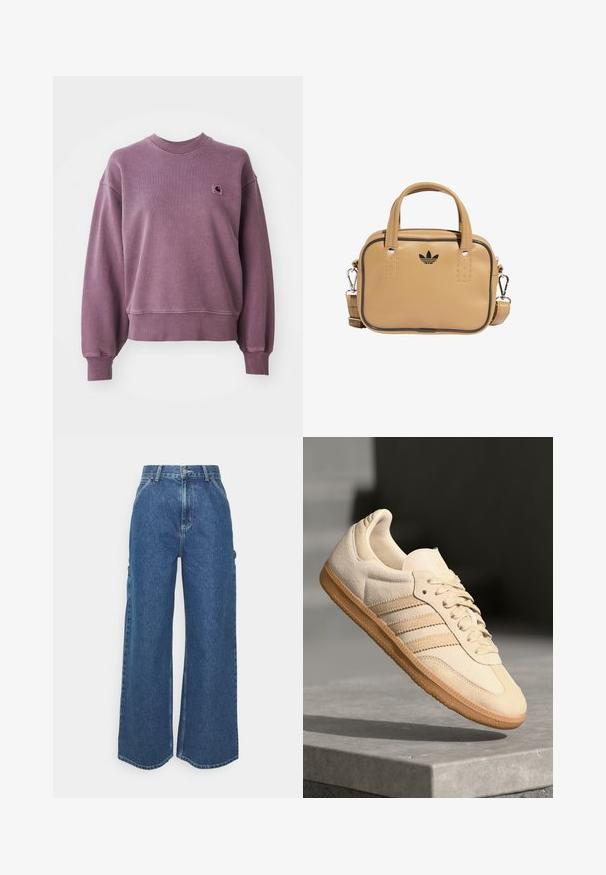 Purple crewneck sweatshirt with ribbed cuffs and hem, featuring a small square Carhartt logo patch on the left chest.; Wide-leg blue denim trousers with a high waist, contrasting stitching, and side pockets, featuring a classic five-pocket design and raw hems.; Light beige suede sneaker with gum outsole, three diagonal stripes, and a textured toe cap. Features logo on the tongue and side.; Tan vegan leather bag with two handles, detachable shoulder strap, black accent stitching, and a small black logo on the front.