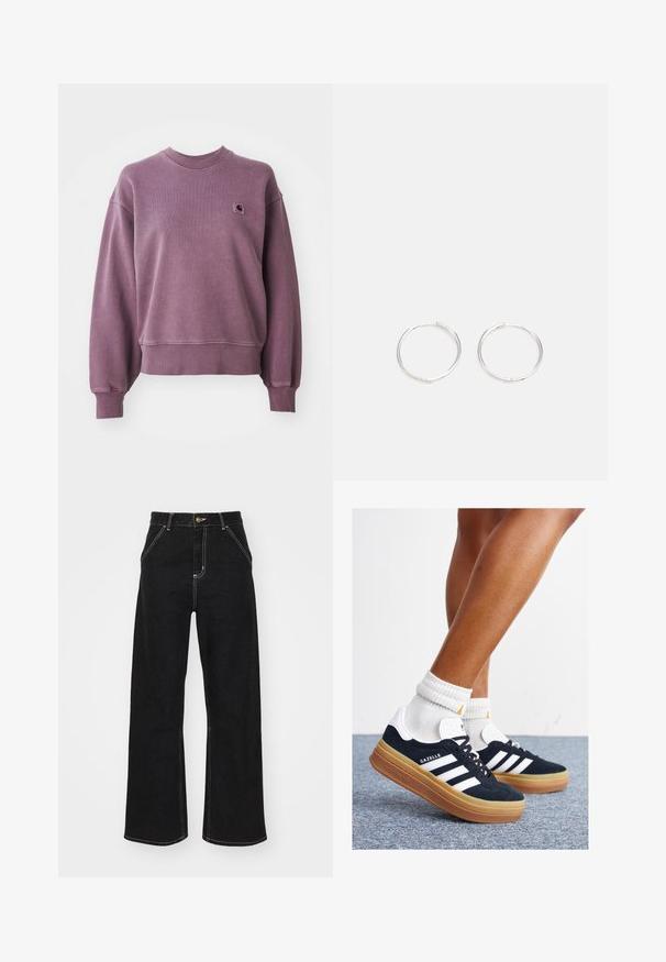 Violetā krekla ar garām piedurknēm, ar ribu apkakli un apakšmalu, kurā ir neliela kvadrātveida Carhartt logo uzpleca kreisajā pusē.; Melnas platajās biksēs, kas izgatavotas no denima, ar kontrastējošas baltas šuves un priekšējo pogu aizdari, kā arī divām slīpajām priekšējām kabatām.; Melnas zamšādas sporta kurpes ar baltām svītrām un akcentiem, apaļa purngala daļa, gumijas zole, kopā ar baltām ribotām sporta zeķēm.; Sudraba riņķa auskari ar elegantu, apaļu dizainu, kas izceļas ar gludu virsmu un bez redzamām rotājumām. Diametrs netiek norādīts.