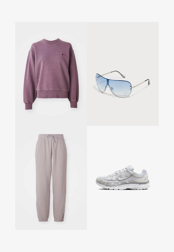 Sweatshirt crewneck violet avec des poignets et un ourlet côtelés, doté d'un petit patch carré avec le logo Carhartt sur la poitrine gauche.; Pantalons de survêtement en polaire mauve clair avec taille élastique, cordon de serrage, poches latérales et poignets élastiques, présentés à plat sur un fond blanc.; Baskets de sport gris clair avec une tige en mesh et synthétique, dotées d'un système de laçage, d'un col rembourré et d'une semelle texturée pour une meilleure adhérence.; Lunettes de soleil aviateur avec des verres dégradés bleus, une monture en métal argenté et des accents décoratifs en forme d'étoile sur les verres. Design lisse et élégant.
