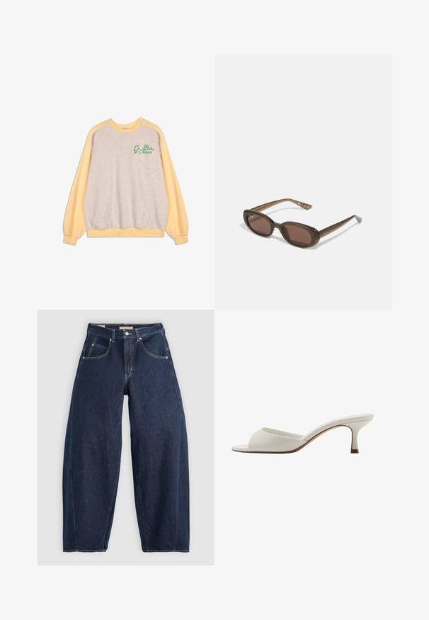 Felpa girocollo con il corpo beige e maniche giallo pastello, caratterizzata dalla scritta verde "Go Bobo Choses" sulla parte superiore sinistra del petto.; Jeans in denim blu scuro con una vestibilità ampia, cuciture chiare, cinque tasche e chiusura con bottone in vita.; Mule con tacco alto, aperti davanti e di colore bianco, con una finitura liscia, design minimalista e tacco slanciato, caratterizzati da un sottile accento marrone sulla suola.; Occhiali da sole ovali marroni con lenti scure. La montatura è realizzata in un materiale marrone trasparente e presenta un logo stampato sulle tempie.; Borsa a mano in pelle verde con una texture liscia, forma curvata e manico intrecciato. Presenta una chiusura con zip e una tracolla regolabile.