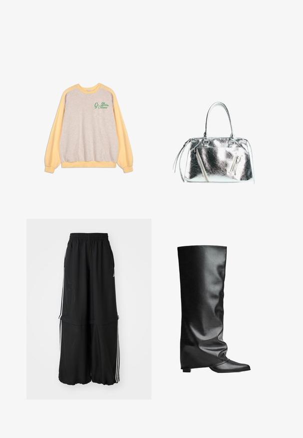 Crewneck-Sweatshirt mit beigem Körper und pastellgelben Ärmeln, featuring grünen "Go Bobo Choses"-Text auf der oberen linken Brust.; Schwarze Trainingshose mit elastischem Bund, seitlichen Streifen und lockerer Passform mit gerafftem Saum für eine fließende Silhouette.; Schwarze lederne kniehohe Stiefel mit glatter Textur, lockerer Passform, spitz zulaufender Zehenpartie und niedrigem, quadratischem Absatz. Minimalistischer Stil ohne sichtbare Beschläge.; Metallic silberne Handtasche mit strukturierter Form, zwei oberen Griffen und Reißverschlussfächern auf der Vorderseite. Glatte, glänzende Textur.