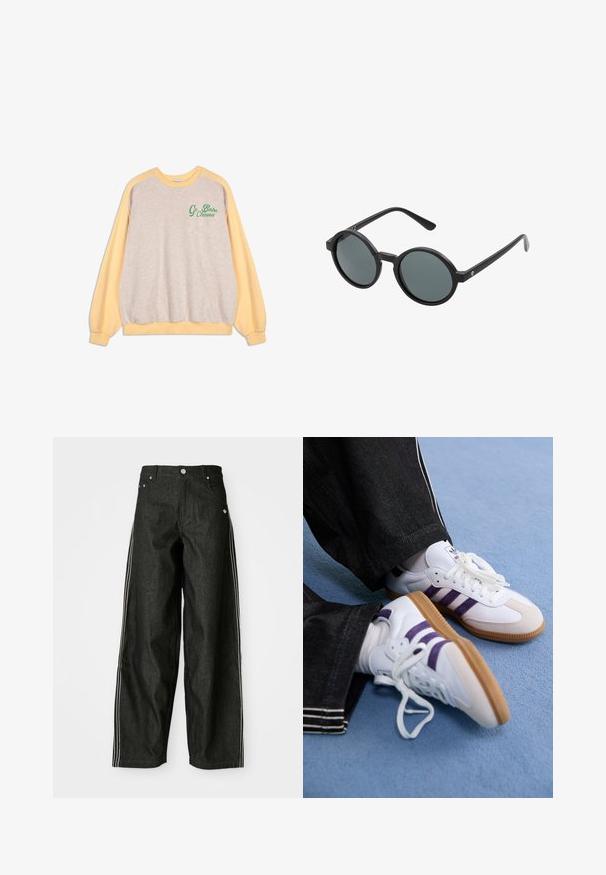 Crewneck-Sweatshirt mit beigem Körper und pastellgelben Ärmeln, featuring grünen "Go Bobo Choses"-Text auf der oberen linken Brust.; Schwarze Denim-weit geschnittene Hose mit weißen Seitestreifen, vorne mit Taschen, einem Knopfverschluss und einem dezenten Logo in der Nähe des Bundes.; Weiße Sportschuhe mit lila Streifen und braunen Gummisohlen, ausgestattet mit runden Schnürsenkeln und einem gepolsterten Kragen. Getragen mit dunkler Jeans.; Runde Sonnenbrillen mit einem schwarzen Kunststoffrahmen und dunkelgrauen Gläsern. Sie verfügen über dünne, gerade Bügel mit minimalistischen Akzenten.