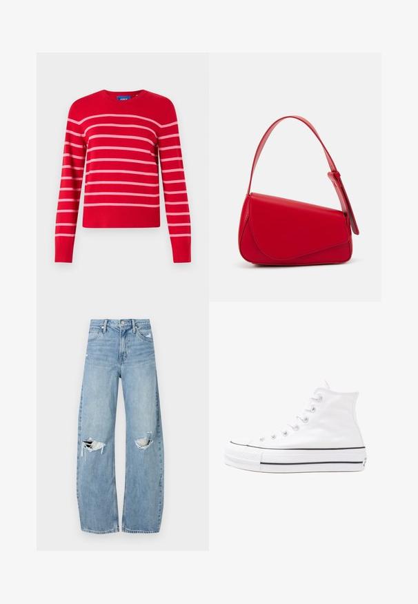 Piros pulóver rózsaszín vízszintes csíkokkal, kerek nyakú, hosszú ujjal, ribbelt mandzsettákkal és szegéllyel. Puha kötött anyagból készült.; Világoskék, magas derekú farmernadrág. Széles lábakkal, két szakadt térddel és klasszikus öt zsebes dizájnnal rendelkezik.; Fehér magaskorsó vászon sportcipő fekete gumi talppal, elülső gumi orrnyereggel és hat fűzőlyukkal, letisztult, minimalista dizájnnal.; Piros bőr kézitáska szögletes, geometrikus kialakítással. Egy állítható pánttal és varrott részletekkel ellátott fedélzárral rendelkezik.