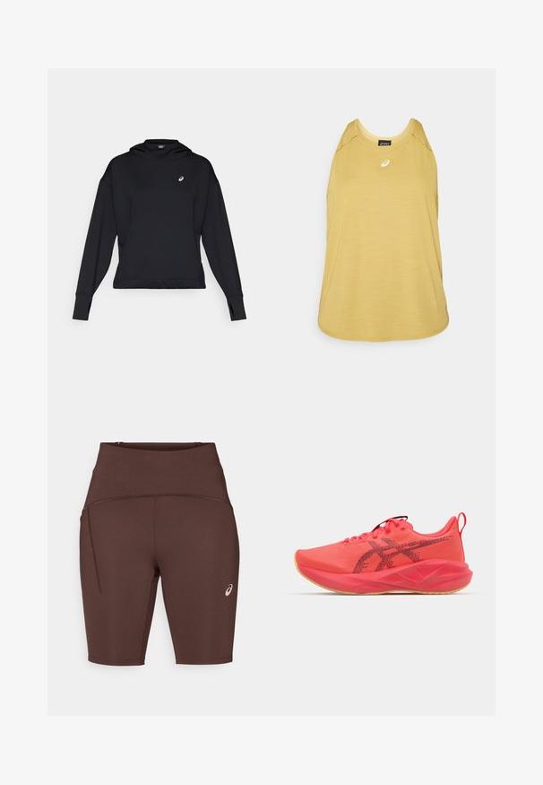 Černá mikina s kapucí, dlouhými rukávy a otvory na palce. Obsahuje malé logo na hrudi a má čistý, minimalistický design.; Svetle žlutý bezrukávový sportovní tílko vyrobené z hladké tkaniny. Má kulatý výstřih a malé bílé logo na přední straně.; Hnědé sportovní šortky vyrobené z elastického materiálu, s vysokým pasem, těsným střihem, boční kapsou a malým logem na dolní části nohavice.; Jasně růžová sportovní obuv se syntetickým svrškem, gumovou podrážkou, polstrovaným límcem, síťovanou texturou a černými logovými akcenty podél strany.