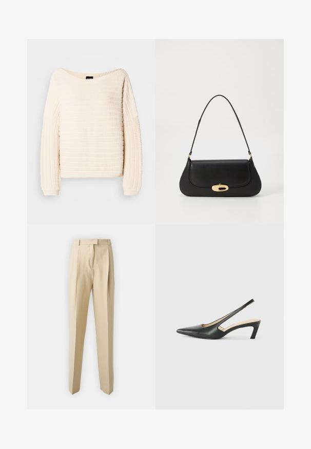 Crème-kleurige gebreide trui met een brede halslijn, een gemêleerd ribpatroon, verlaagde schouders en lange mouwen. Zacht, lichtgewicht materiaal.; Beige op maat gemaakte broeken met een rechte snit, voorzien van plooien, een tailleband en een soepele textuur. Geen zichtbare zakken of versieringen.; Zwarte puntige slingback schoen met een lage hak, gemaakt van soepel leer en voorzien van een uitsnede aan de zijkant voor ventilatie.; Zwarte leren handtas met een gebogen ontwerp, goudkleurige accenten en een bovenhandvat. Heeft een strakke sluiting en een gladde textuur.