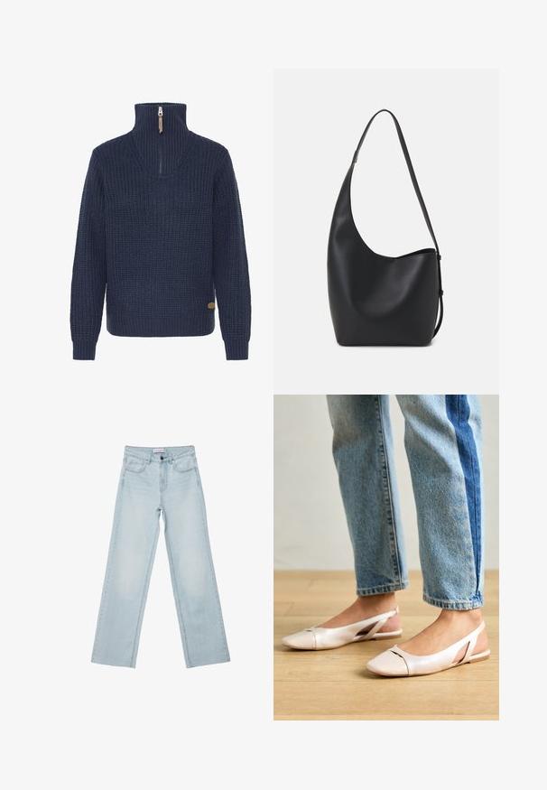 Maglione a maglia strutturata blu navy con maniche lunghe e un alto colletto a coste, dotato di una zip parziale con una linguetta in pelle.; Jeans a gamba larga di colore blu chiaro realizzati in denim. Presentano cinque tasche, un bottone sul davanti e dettagli sbiaditi. Taglio dritto classico con vestibilità ampia.; Ballerine slingback rosa pallido con punta affusolata, realizzate in un materiale simile alla pelle liscio. Presentano dettagli a taglio sui lati e un tacco piatto.; Borsa hobo nera in pelle con una superficie liscia, forma curvata e una singola tracolla regolabile; presenta un'ampia apertura nella parte superiore.