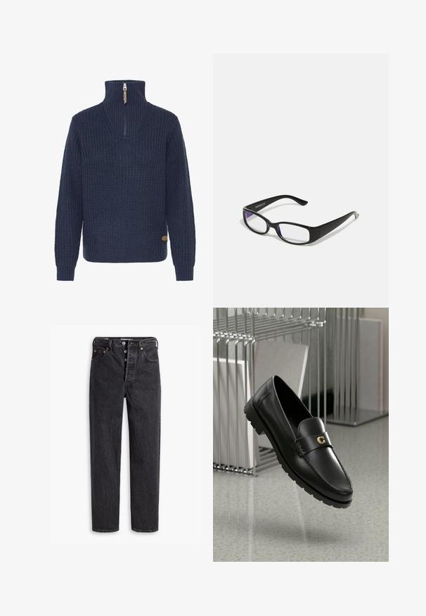 Suéter de punto texturizado azul marino con mangas largas y un alto cuello acanalado que presenta un cierre parcial con una pestaña de cuero.; Pantalones vaqueros de denim negro con pierna recta, que cuentan con un cierre de botón, detalles en hardware de cobre y una textura sutil. Diseño clásico de cinco bolsillos.; Mocasines de cuero negro con costura elevada, logo en dorado y tira texturizada. Presentan una suela de goma gruesa y duradera.; Gafas rectangulares negras con lentes transparentes. Acabado brillante, varillas estrechas y tinte púrpura visible en los bordes de los lentes.; Pendientes en tono dorado con un diseño en espiral y curvas superpuestas, que exhiben un acabado metálico y una textura suave para dar profundidad visual.
