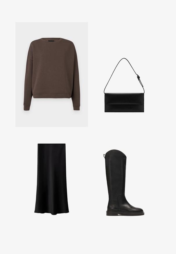 Felpa marrone con collo rotondo, maniche lunghe e polsini a costine. Realizzata in un tessuto morbido con una texture liscia e un fit rilassato.; T-shirt bianco a maniche corte realizzato in tessuto di cotone morbido, con colletto a girocollo e una vestibilità rilassata con orli cuciti.; Gonna midi nera realizzata in tessuto liscio e leggero. Presenta una linea dritta, senza componenti visibili e un design semplice senza fantasie.; Stivale in pelle nera al ginocchio con finitura liscia, punta arrotondata, suola robusta e design minimalista. Presenta una linguetta sul retro per un facile indossamento.; Mango Borsa a mano - black