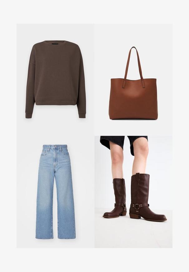 Brun genser med rund hals, lange ermer og ribbestrikkede mansjetter. Laget av mykt stoff med en glatt tekstur og en avslappet passform.; Lys blå høytlivs vide jeans med knapp- og glidelås lukking foran, foran og bak lommer, på en hvit bakgrunn.; Brune lærknesko med rund tå, teksturert overflate, ankelrem og detaljer i sølv; stablet hæl.; Brun lær tote veske med en jevn tekstur, åpen toppdesign og to skulderstropper. Har minimal søm og ingen synlige spiker.