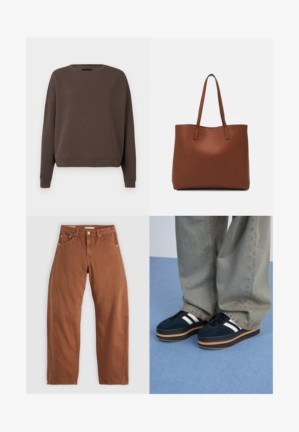 Brązowy sweater z okrągłym dekoltem, długimi rękawami i prążkowanymi mankietami. Wykonany z miękkiego materiału o gładkiej fakturze i luźnym kroju.; Rude brązowe dżinsy o prostym kroju z kieszeniami z przodu i z tyłu, metalowymi nitami, zapięciem na guzik i pętlami na pasek, leżące płasko na białym tle.; Ciemnoniebieskie zamszowe sneakersy na platformie z białymi paskami i czarnymi sznurowadłami. Posiadają grubą brązową gumową podeszwę. Noszone z jasnoniebieskimi spodniami dżinsowymi.; Brązowa skórzana torba tote o gładkiej fakturze, z otwartym wierzchem i dwoma ramiączkami. Charakteryzuje się minimalnym przeszyciem i brakiem widocznych elementów metalowych.