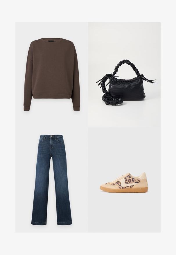 Καφέ φούτερ με στρογγυλή λαιμόκοψη, μακριά μανίκια και ριγωτές μανσέτες. Φτιαγμένο από μαλακό ύφασμα με λεία υφή και άνετη εφαρμογή.; Σκούρο μπλε τζιν παντελόνι με φαρδιά γραμμή, διαθέτοντας πέντε τσέπες και κλείσιμο με κουμπί μπροστά. Λείος υφασμάτινος τύπος και κλασικές ραφές.; Αθλητικά παπούτσια με λεοπάρ σχέδιο και άνω μέρος από μπεζ σουέτ, καφέ ελαστική σόλα και λευκές λεπτομέρειες. Στρογγυλή μύτη και σχέδιο με κορδόνια με υφή.; Μαύρη τσάντα από faux δέρμα με υφή κροκοδείλου, κλειστή στο επάνω μέρος και με ρυτιδωμένο λουρί. Φαίνεται μαλακή και συμπαγής στο σχέδιο.