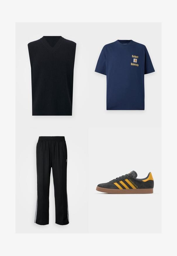 Carhartt WIP MARLON - Pulover - dark navy; Tricou din bumbac bleumarin cu mâneci scurte, având inscripția aurie "Carhartt University" și o etichetă cu logo pe partea stângă a pieptului.; Pantaloni atletici negri cu talie elastică, având dungi albe pe laterale și un mic logo. Materialul pare moale și ușor.; Tenisi negri din suede cu accente galbene, având trei dungi și o talpă din cauciuc maroniu. Include un limba căptușită pentru confort.