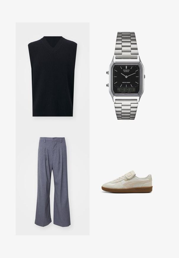 Carhartt WIP MARLON - Svetr - dark navy; Šedé pruhované kalhoty s širokým střihem, zdobené sklady na přední straně a hladkou texturou. Žádné viditelné doplňky nebo akcenty.; Bílé kožené tenisky s texturovanými akcenty, gumovou podrážkou a zlatým logem. Obsahují tkaničky a suchý zip pro zapínání.; Stříbrné nerezové ocelové hodinky s quartzovým strojem a černým obdélníkovým ciferníkem, které mají analogové ručičky, digitální displej a označení voděodolnosti.