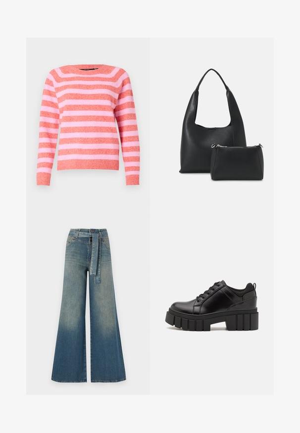 Csíkos pulóver korall és rózsaszín árnyalatokban, puha anyagból készült. Kerek nyakkivágással, hosszú ujjakkal és bordázott aljjal rendelkezik.; Bőszárú farmernadrág, világos és sötétkék árnyalatokkal, magas derekú, övgyűrűkkel és a nadrággal megegyező anyagú övvel. Textúrált farmer kivitel.; Fekete bőr platform cipők vaskos blokk sarkakkal, kerek orral és hagyományos fűzős kialakítással. Simára csiszolt felület és minimális részletezés jellemzi.; Even&Odd Kézitáska - black