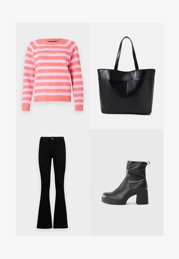 Stripet genser i korall- og rosa nyanser, laget av mykt materiale. Har rund hals, lange ermer og ribbestrikket kant.; Sorte høytlivsjeans med knapp og glidelås, frontlommer og utsvingte bein liggende flatt på en hvit bakgrunn.; Svarte ankelstøvler laget av glatt lær, med glidelås på siden, chunky strukturert hæl, og rund tå-design.; Svart lær toteveske med to lange håndtak, en glatt tekstur og en strukturert form. Har en frontlomme for ekstra oppbevaring.