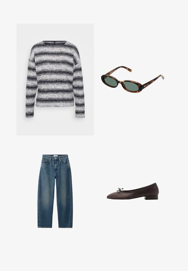 Maglia a maniche lunghe grigia e nera a righe con scollatura tonda. Tessuto morbido e testurizzato con righe di larghezze variabili e una vestibilità rilassata.; Abito bianco senza maniche con scollo rotondo e un orlo asimmetrico che si drappeggia a punta su un lato.; Jeans in denim blu scuro con gamba dritta, design a cinque tasche e chiusura con bottone classica. Texture morbida con leggera scoloritura.; Ballerina in pelle marrone con punta arrotondata e tacco a blocco piccolo. Presenta un sottile fiocco sul davanti e dettagli di cucitura discreti.; Occhiali da sole tartarugati con montatura ovale e lenti verdi. Presentano aste sottili con un accento metallico vicino alle cerniere.; Borsa a mano in pelle verde oliva di forma arrotondata, con due manici e una parte frontale senza cuciture. Presenta una superficie liscia e dettagli di cucitura delicati.