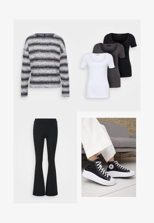 Pelēkā un melnā svītrota garo piedurkņu blūze ar apaļu kakla izgriezumu. Mīksts, strukturēts audums ar atšķirīgiem svītru platumiem un brīvu piegriezumu.; Trīs pieguļoši T-krekli baltā, pelēkā un melnā krāsā. Katram ir plaša izgriezuma kakla un īsas piedurknes. Izgatavoti no gluda, elastīga auduma.; Melnas izplešanās bikses, izgatavotas no elastīga auduma, ar augstu vidukli un gludu tekstūru. Bikses izvēršas no ceļa.; Melni kanvas augstpapēžu apavi ar baltām gumijas zolēm un auklām. Ievērojams aplis logotips sānos un kontrastējoša balta šuvums.