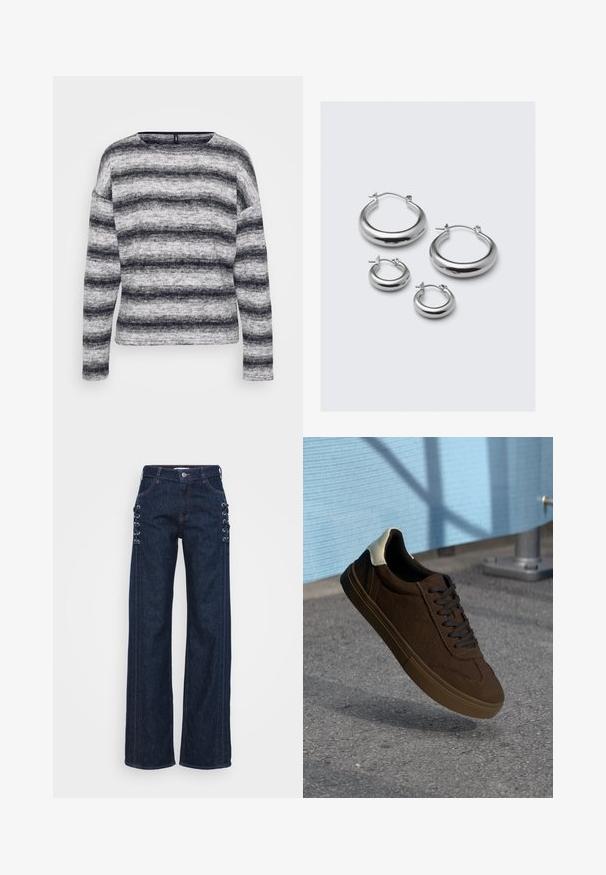 Dlhý rukáv s šedými a čiernymi pruhmi a okrúhlym výstrihom. Mäkká, textúrovaná tkanina s rôznymi šírkami pruhov a uvoľneným strihom.; Tmavomodré denimové nohavice so širokými nohavicami, ktoré majú čipkované akcenty na stranách, kontrastný oranžový šev a klasický dizajn s piatimi vreckami.; Hnedé semišové nízke tenisky s čiernymi šnúrkami, vybavené bielou pätou a textúrovanými švami. Gumená podrážka.; Štyri páry strieborných kruhových náušníc rôznych veľkostí: veľké hladké kruhy a menšie zaoblené štýly s lešteným povrchom a jednoduchými sponami.