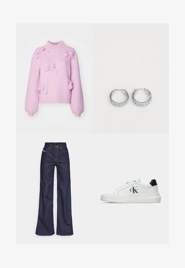 Cras FLORA - Vesta - pink; Tamno plave široke traperice s visokim strukom, izrađene od denim tkanine, s narančastim šavovima, pet džepovima i kopčanjem na dugme.; Bijeli niskotoperani tenisice s crnom petom, platformom, vezicama i "CK" logotipom Calvin Kleina sa strane.; Srebrne naušnice na obruče s teksturiranim dizajnom koji sadrži vertikalne rebra. Okrugli oblik s sigurnim zatvaranjem. Glatka završna obrada.