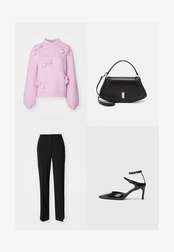 Cras FLORA - Jumper - pink; Black tailored trousers with a straight-leg design, featuring a smooth texture and crisp creases along the front. No visible hardware.; Black patent leather heels with a pointed toe, adjustable ankle straps, and a slender heel. Smooth texture with a shiny finish.; Black leather handbag with a structured design, featuring a cropped shape, top handle, and gold hardware accent. Adjustable shoulder strap included.