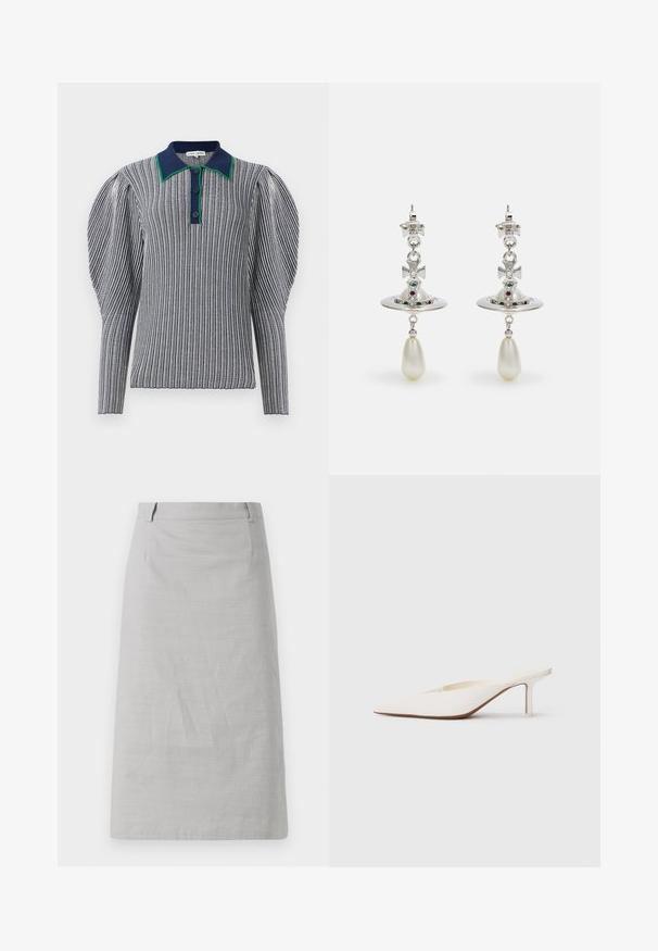 Pruhované polo tričko v námořnické modré a bílé barvě s límečkem s zeleným akcentem. Obsahuje nařasené rukávy a zapínání na knoflík na límci. Texturovaná látka.; Šedá tužková sukně s hladkým povrchem, přiléhavým střihém a plochým pasem, s bočními švy a bez viditelných vzorů či akcentů.; Bílé muly s špičatou špičkou a nízkým jehlovým podpatkem. Vyrobené z hladkého materiálu s minimalistickým designem a jemným detailním pro tanovou podrážku.; Stříbrné náušnice s kruhovým kroužkem, zdobené třpytivými kameny a kapkovou perlou jako přívěskem. Výrazný design s propracovanými detaily.