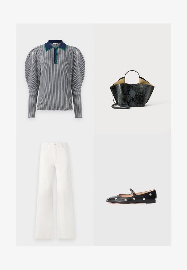 Polo majica s prugicami v mornarsko modri in beli barvi z ovratnikom v zeleni barvi. Ima naborke na rokavih in gumbasto zapiranje pri vratu. Teksturovana tkanina.; Bela, visoko pasovana široka obrtnica iz denima. Ima zaponko, dva sprednja žepa in stranske šive s podrobnostmi šivanja.; Črne usnjene Mary Jane balerinke z zaobljenim noskom, opremljene z zlatimi krožnimi mošnjo in nastavljivim trakom z zaponko.; Rokoko torba z vzorcem zmije v črni in sivi barvi, s strukturirano zasnovo, dvema ročajema in nastavljivim ramenskim trakom. Ima bež notranjost.