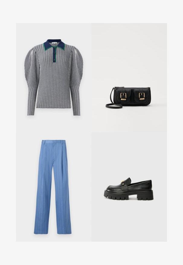 Stripete polo skjorte i marineblå og hvit med en krage i grønn aksent. Har puffede ermer og knappelukking ved halsen. Teksturert stoff.; Lyseblå vide bukser med vertikale hvite striper. Laget av glatt materiale, med forkant-falte og et rent midjebånd-design.; Sorte skinnloafers med en kraftig såle, med en gulltoneakcent foran og en jevn finish. Kraftig mønsterdesign på sålen.; Svart skinn crossbody veske med to frontlommer, gyldne spenner, glidelåslukking og en slank stropp. Teksturert overflate og kompakt rektangulær form.