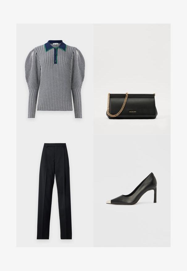 Dryžuota polo marškinėlių melsvai baltos spalvos su žaliu apykakle. Sutyra pūstomis rankovėmis ir mygtukų uždarymu ties kaklu. Tekstūruota medžiaga.; Juodos kelnės iš lygaus audinio, pasižyminčios aukštu liemeniu, plačiomis kojomis, priekinėmis klostėmis ir klasikiais diržo kilpomis. Šoninių kišenių nematyti.; Juodas odinis aukštakulnis batelis su smailia nosimi ir metaliniu sidabriniu galiuku. Turi lygų paviršių ir ploną 10 cm kulną.; Juodas odinis delninukas su auksine grandine, turintis lygų paviršių, stačiakampį išmatavimą ir įspaustą prekės ženklą priekyje.