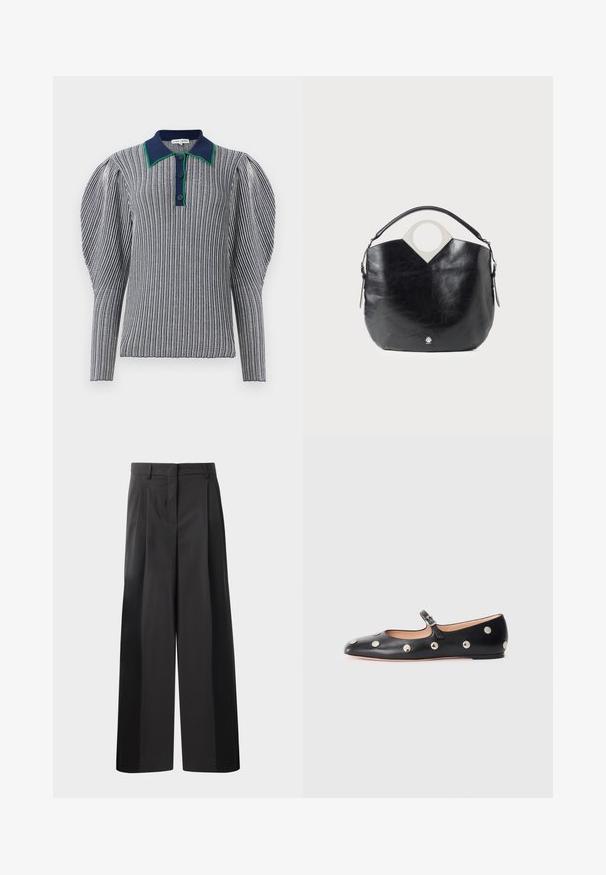Navy ja valge triibuline polo särk rohelise detailiga kraega. Omab vurritatud varrukaid ja nööpide kinnitust kaelal. Tekstuuriga kangas.; Mustat, leveälahkeiset housut korkealla vyötäröllä, etupleiteillä, sileällä pinnalla ja huolitellulla viimeistelyllä. Suunniteltu rentoon istuvuuteen.; Musta nahkainen Mary Jane -tyylinen tasapohjakenkä, jossa on pyöreä varvas. Kenkässä on hopeisia pyöreitä niittejä ja säätöremmi, jossa on solki.; Musta nahkakassi, jossa on kaareva muoto, pyöreä yläkahva ja hopeinen logo yksityiskohta. Sujuva pinta ja huomattava leikattu muotoilu.