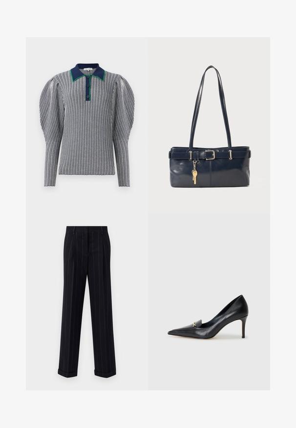 Csíkos pólóing tengerészkék és fehér színben, zöld díszítésű gallérral. Puffos ujjakkal és gombos záródással a nyakon. Strukturált anyag.; Fekete csíkos nadrág, testre szabott fazonnal, cuffolt szegéllyel és elülső redőkkel. Sima anyagból készült, strukturált kialakítással.; Fekete bőr magassarkú cipő hegyes orral, alacsony dekoltázzsal és díszes arany részlettel. Stiletto sarokkal és sima felülettel rendelkezik.; Sötétkék bőr kézitáska két hosszú fogantyúval, csattal díszítve és kulcstartóval. Simává polírozott textúrával és téglalap alakú dizájnnal rendelkezik.