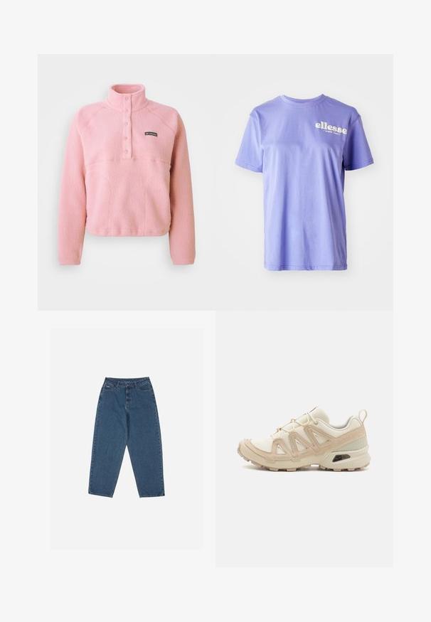Rožinė Columbia flisinė megztinė ilgomis rankovėmis, su užsegimu krūtinėje, spaudžiamais mygtukais ir stovinčiu apykakle, pagaminta iš minkštos tekstūruotos medžiagos.; Violetinės medvilninės marškinėliai su apvalia iškirpte, trumpomis rankovėmis ir baltu „ellesse“ logotipo tekstu, atspaustu ant priekio. Lygi tekstūra.; Mėlyni džinsai su laisvu siluetu, aukštu juosmeniu, penkių kišenių dizainu ir siuvinio akcentais. Su mygtuku ir užtrauktuku.; Bežinės ir kreminės spalvos sportinės bateliai su tekstūruoto tinklelio viršutine dalimi, palaikančiomis detalėmis ir guminiais padais, turinčiais raštą, užtikrinantį sukibimą.