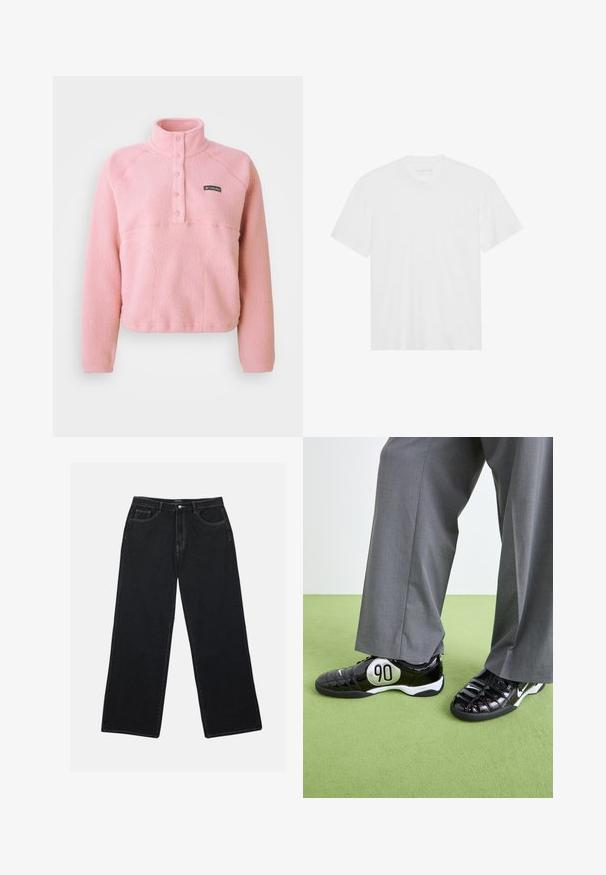 Polar fleece de Columbia en color rosa, con mangas largas, tapeta de botones a presión en el pecho y cuello alto, hecho de un tejido suave y texturizado.; Camiseta blanca de algodón con mangas cortas, cuello redondo y dobladillo recto. Textura suave, diseño minimalista sin patrones ni adornos.; Los pantalones de mezclilla negros de pierna ancha tienen una cintura alta, bolsillos frontales y costuras en contraste. La tela tiene un acabado suave y ligeramente texturizado.; Zapatillas negras de charol con un detalle plateado "90", que presentan una superficie texturizada y un diseño de cordones, combinadas con pantalones anchos grises.