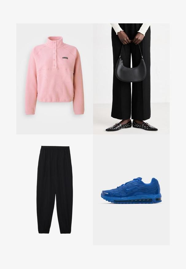 Rosa Columbia-Fleece-Pullover mit langen Ärmeln, Druckknopf-Brusttasche und Stehkragen, aus weichem strukturiertem Stoff hergestellt.; Schwarze, leichte Hosen mit einem elastischen Bund und gerafften Knöcheln. Der Stoff ist glatt und hat ein entspanntes, schmal zulaufendes Design.; Blauer Sportschuh aus Mesh und Gummi mit strukturiertem Obermaterial, sichtbarem Luftpolster und gemusterter Außensohle. Verfügt über reflektierende Elemente.; Schwarze Leder-Schultertasche mit runder Form, glänzender Oberfläche und silbernem Beschlag. Person trägt schwarze weit geschnittene Hosen und Nieten-Loafers.