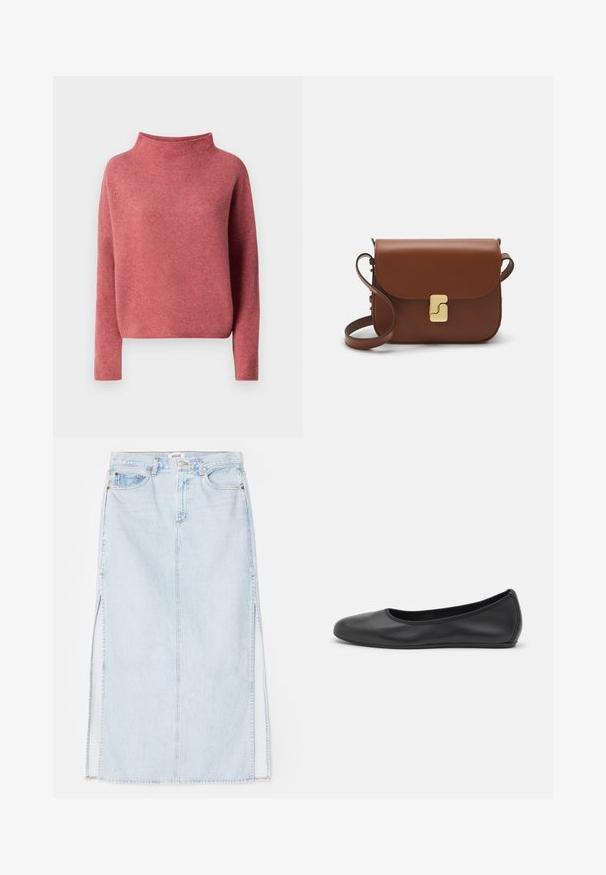 Filippa K MIKA FUNNELNECK - Pulóver - light rasp; Fehér, rövid ujjú póló ribbed anyagból. Kerek nyakkivágás, normál szabás és diszkrét varrási részletek. Nincsenek minták vagy grafikák.; Világoskék farmer maxi szoknya egyenes szabással, oldalsó hasítékokkal és öt zsebes kialakítással. Kiemelkedő varrás és fém gombos zárás.; Fekete bőr balettcipő lekerekített orral, sima tekstúrával, minimális varrással és rugalmas talp kialakítással.; Barna bőr kézitáska, hajtókás zárással, arany színű fém kiegészítőkkel, vállpánttal és sima felülettel. Kompakt téglalap alakú.