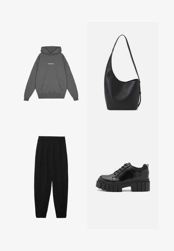 Pegador CLARITA - Φούτερ - washed deep grey/white gum; Μαύρο, ελαφρύ παντελόνι με ελαστική μέση και μαζεμένα μπατζάκια. Το ύφασμα είναι λείο και έχει χαλαρή, κωνική σχεδίαση.; Μαύρα δερμάτινα παπούτσια πλατφόρμας με παχύ μπλοκ τακούνι, στρογγυλή μύτη και παραδοσιακό σχέδιο δέσιμο. Διαθέτουν λεία υφή και ελάχιστες λεπτομέρειες.; Μαύρη δερμάτινη tote τσάντα με λείο υφή, καμπύλο σχήμα και μία ρυθμιζόμενη ζώνη. Διαθέτει μεγάλη άνοιγμα στην κορυφή.