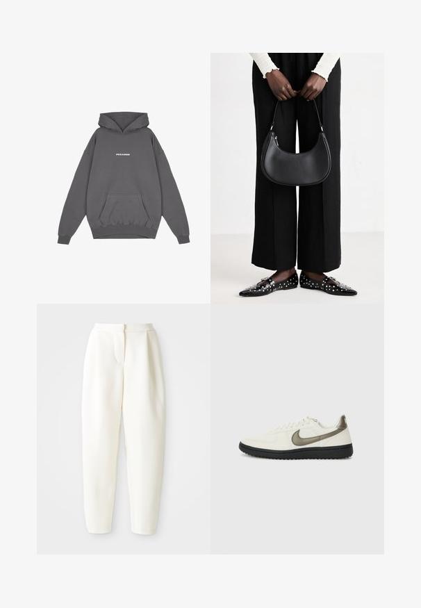 Pegador CLARITA - Camisola - washed deep grey/white gum; Calças brancas de cintura alta e corte tapered com fecho frontal oculto e bolsos laterais, exibidas contra um fundo branco liso.; Nike Sportswear FIELD GENERAL - Sapatilhas - off-white/black; Bolsa de ombro de couro preta com forma arredondada, acabamento brilhante e ferragens prateadas. Pessoa vestindo calças largas pretas e mocassins com tachas.
