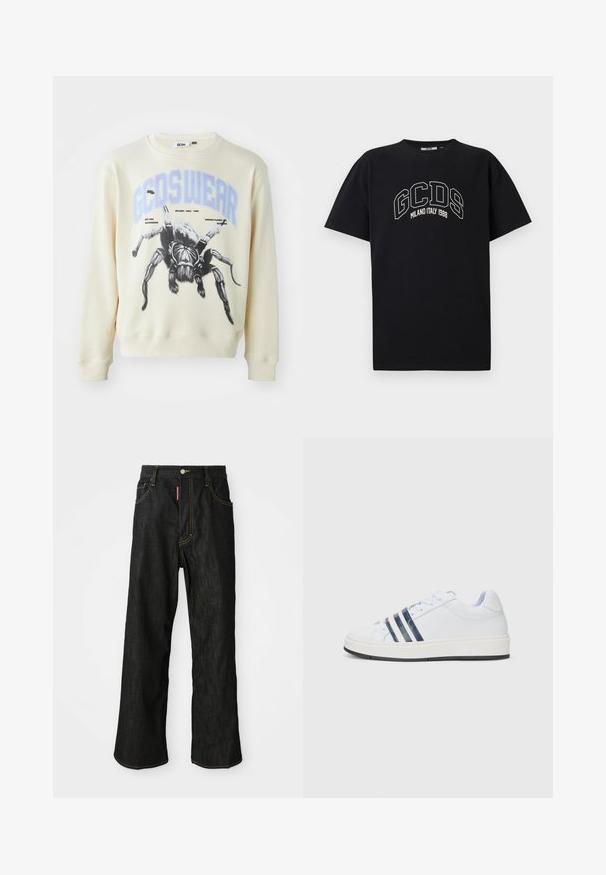 Crema kleurig sweatshirt met een grote zwarte spin grafiek en "GCDS WEAR" tekst in het blauw. Geribbelde mouwen en zoom met een ronde hals ontwerp.; Zwarte katoenen t-shirt met korte mouwen. Bevat een wit GCDS-logo en de tekst "MILANO ITALY 1988" in een boog. Standaard pasvorm en ronde hals.; Zwarte rechte jeans met gele stiksels, vijf zakken, knoopsluiting en een klein rood etiket op de rechter voorzak.; Witte sneaker met marineblauwe strepen, vetersluiting, glad synthetisch materiaal, platte rubberen zool en subtiele textuurdetails op het schoenlichaam.