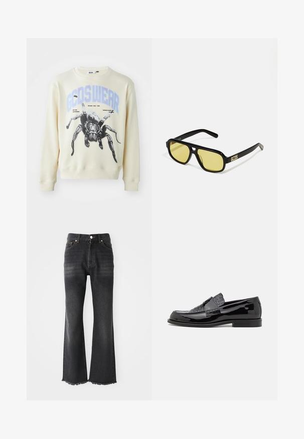 Krémový sveter s veľkým čiernym grafickým obrázkom pavúka a textom "GCDS WEAR" v modrej farbe. Hranaté manžety a lem, s dizajnom okrúhleho výstrihu.; Čierne rozšírené džínsy so stredným umývaním, majú třásňový lem, dizajn s piatimi vreckami a kovový gombík na zapínanie. Vyrobené z denimovej tkaniny.; Čierne lakované kožené mokasíny s textúrovaným povrchom, zaoblenou špičkou a plochou podrážkou s jemnými švíkmi.; GCDS UNISEX - Slnečné okuliare - shiny black