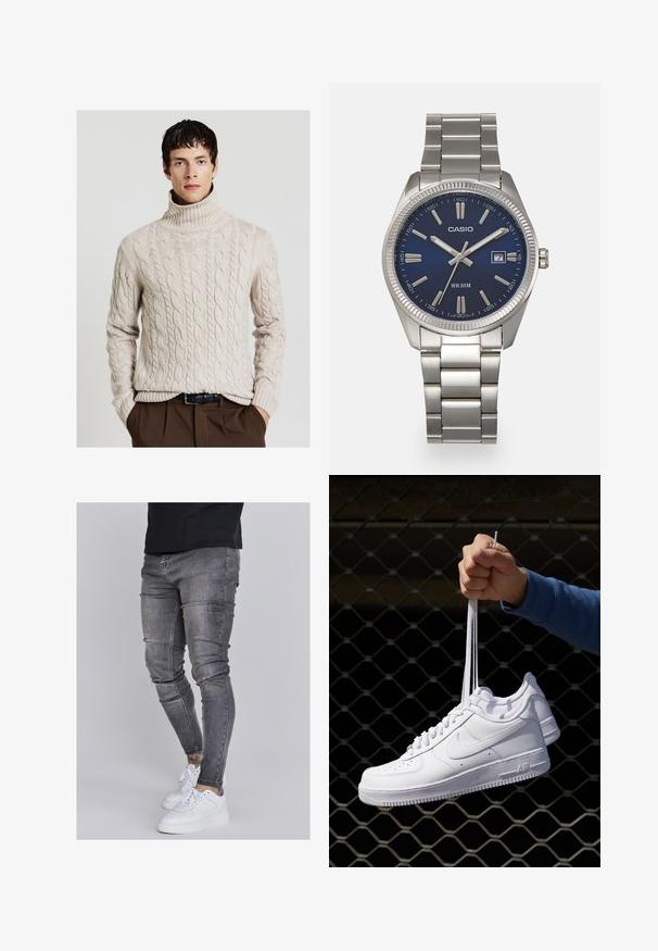 Beige Kabelstrick-Pullover mit Rollkragen, ribbelausschnitt und -ärmeln, einem strukturierten Muster und einer lockeren Passform. Kombiniert mit braunen Hosen.; Schlanke Jeans aus ausgebleichtem grauem Denim, mit abgenutzten Details an den Knien, kombiniert mit weißen Sneakers. Glatte Textur, schlanker Schnitt.; Weiße Leder-Sneaker mit Perforationen, runder Zehenpartie, flacher Sohle und dicken Schnürsenkeln, mit sichtbar eingesticktem Swoosh-Logo und "AIR" an der Ferse.; Silberner Armbanduhr aus Edelstahl mit einem dunkelblauen Zifferblatt, metallischen Stundenmarkierungen und einem Datumsfenster bei 3 Uhr. Wasserdicht bis 50 Meter.