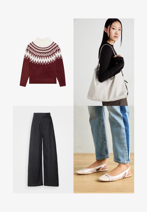 Bordeaux gebreide trui met een witte geprinte schouderpartij met diamanten en sterren. Dikke ribgebreide col en manchetten. Zachte textuur.; Donker, wijde broeken met een gestructureerde tailleband en plooien. Gemaakt van lichte stof, met een gladde textuur en zonder zichtbare patronen.; Zachtroze slingback ballerina's met een spitse neus, gemaakt van een glad leerachtig materiaal. Bevat uitsnijdingen aan de zijkanten en heeft een platte hak.; Beige handtas gemaakt van zacht materiaal, met een slonzig ontwerp, gestikte details en twee schouderbanden. Geschikt voor dagelijks gebruik.