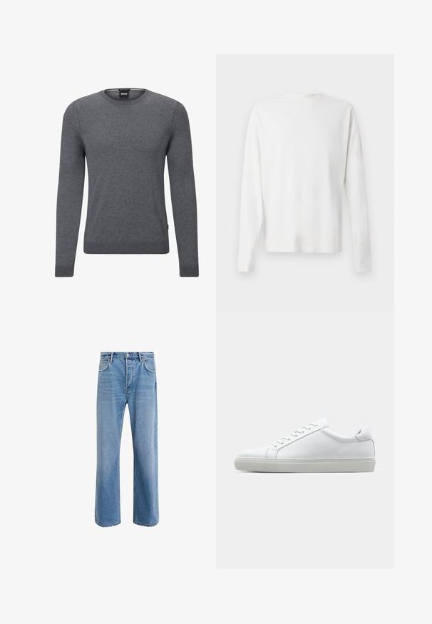 Harmaa pyöreäkauluksinen villapaita, joka on valmistettu pehmeästä neulekankaasta. Siinä on pitkät hihat, joustavat resorit hihoissa ja helmassa, sekä pieni logotagi sivussa.; Pitkähihaisesta valkoisesta puuvillapaidasta, jossa on pyöreä pääntie, sivuhaalareita alaosassa ja sileä pinta, näkyy takaa.; Vaaleansiniset farkut suoranlahkeisella muotoilulla, viisi taskua, nappisuljenta, vähäinen kuluminen ja kontrastiväriset ompeluyksityiskohdat.; Valkoinen tennari, jossa on sileä nahkapäällinen ja matala profiili. Ominaisuuksiin kuuluu pyöreä kärki, kuusi rei'itystä ja teksturoitu kumipohja.