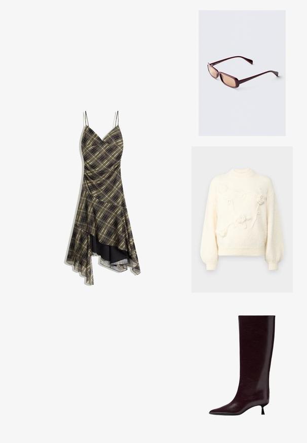 Krémový svetr s vysokým výstřihem, balónovými rukávy a texturovanou květinovou výšivkou na přední straně. Měkký, nadýchaný materiál.; Černé a žluté kostkované šaty s ramínky, V-výstřihem a asymetrickým spodním lemem, s průhledným overlay a nabíranou texturou.; Dlouhý až po kolena burgundský kožený bot s elegantním texturovaným povrchem, špičatou špičkou a tenkým, vrstveným podpatkem pro zvýšenou výšku.; Bordové sluneční brýle s obdélníkovými rámy, gradientovými skly a elegantními nohami. Materiál má hladký, lesklý povrch.; Hnědá kožená taška, zakřivený tvar, jedno ucho, zipové uzavření, texturovaný povrch s mírným leskem. Kompaktní a minimalistický design.