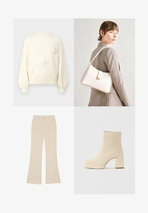 Kremfarget genser med høy hals, ballongsleeves og teksturert blomsterbroderi foran. Mykt, behagelig materiale.; Beige bukse med vide ben og høy midje, laget av bomullsstoff. Har front- og baklommer, beltehemper og en enkel sølvknapp.; Beige lærankelstøvlett med blokkhæl og plattformsåle, glatt overflate og lett firkantet tå, vendt mot venstre på hvit bakgrunn.; Hvit lær veske med en strukturert design, med magnetlås og skulderstropp, vist mot en nøytral bakgrunn.