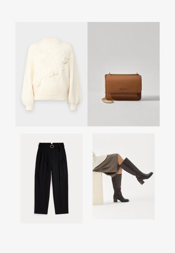 Kreemivärvi džemper kõrge kaelusega, puhvis varrukatega ja esiküljel tekstuurse lilleline tikand. Pehme ja paks materjal.; Mustad klassikalise lõikega kõrge vöökohaga püksid, millel on vöö ja volditud esikülg ning lai sääreosa. Valmistatud siledast kangast.; Pruuni nahast kuni põlveni ulatuvad saapad ruudukujulise ninaga, tugeva kontsaga ja külgmise tõmblukuga. Sile tekstuur ja läikiv viimistlus.; Pruun tekstureeritud nahk ristkeha kott kuldse ahelaga rihmaga ja klapiga sulgemine. Esiküljel on logo detail ja tasku klapi all.