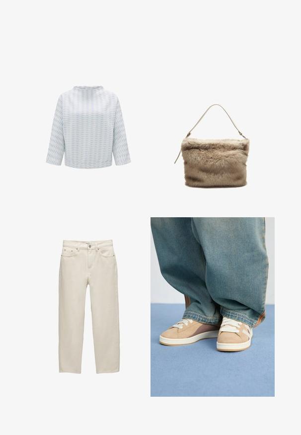 Hellblau-weißes Oberteil mit hohem Kragen und dreiviertel Ärmeln, das ein strukturiertes Streifenmuster aufweist.; Weiße Jeans mit entspannter Passform, geradem Bein, fünf Taschen-Design und metallischen Hardware-Details mit subtiler Textur.; Beige Sneaker aus Wildleder und Stoffmaterialien, mit weißen Schnürsenkeln, hellbraunen Akzenten und einer strukturierten Sohle. Kombiniert mit lockeren blauen Jeanshosen.; Faux-Fur-Handtasche in hellbeige mit einer weichen, strukturierten Oberfläche. Sie verfügt über einen einzelnen dünnen Träger und hat eine rechteckige Form mit einem flauschigen oberen Rand.