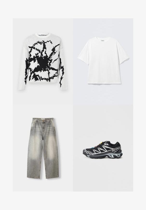 Striktrøje med et sort abstrakt mønster på en hvid baggrund, med rund hals og lange ærmer. Blød tekstur. Mærkeetiket synlig.; Hvid T-shirt med korte ærmer lavet af bomuld med rund halsudskæring og løs pasform. Ingen synlige mønstre eller detaljer. Enkel design.; Bredde ben jeans i en lysegrå vask. Har en falmet finish, fem lommer og en knaplukning. Materialet er blødt denim.; Sort løbesko med sølv detaljer, GORE-TEX materiale, tekstureret sål og farverige snørebånd. Har en polstret hæl for støtte.